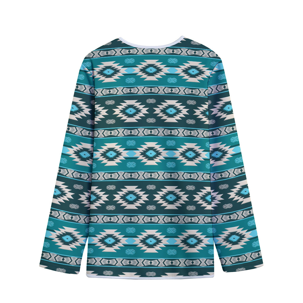 Teal Southwestern Navajo Pattern Print Long Sleeve Short Coat