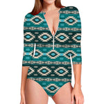 Teal Southwestern Navajo Pattern Print Long Sleeve Swimsuit