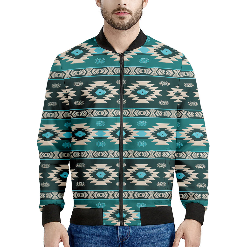 Teal Southwestern Navajo Pattern Print Men's Bomber Jacket