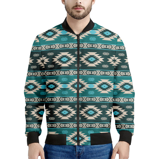 Teal Southwestern Navajo Pattern Print Men's Bomber Jacket