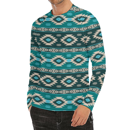 Teal Southwestern Navajo Pattern Print Men's Long Sleeve Rash Guard