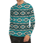 Teal Southwestern Navajo Pattern Print Men's Long Sleeve Rash Guard