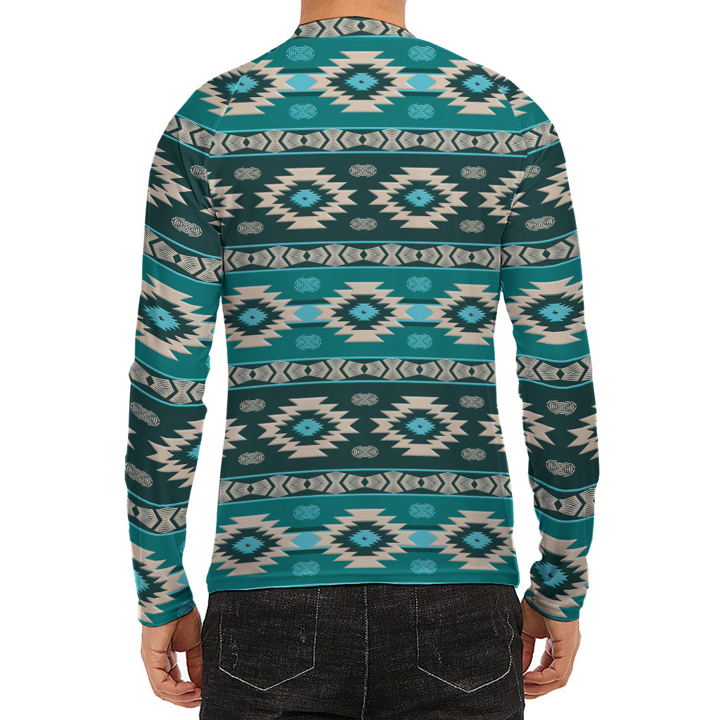 Teal Southwestern Navajo Pattern Print Men's Long Sleeve Rash Guard