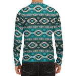 Teal Southwestern Navajo Pattern Print Men's Long Sleeve Rash Guard
