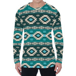 Teal Southwestern Navajo Pattern Print Men's Long Sleeve T-Shirt