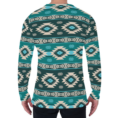 Teal Southwestern Navajo Pattern Print Men's Long Sleeve T-Shirt