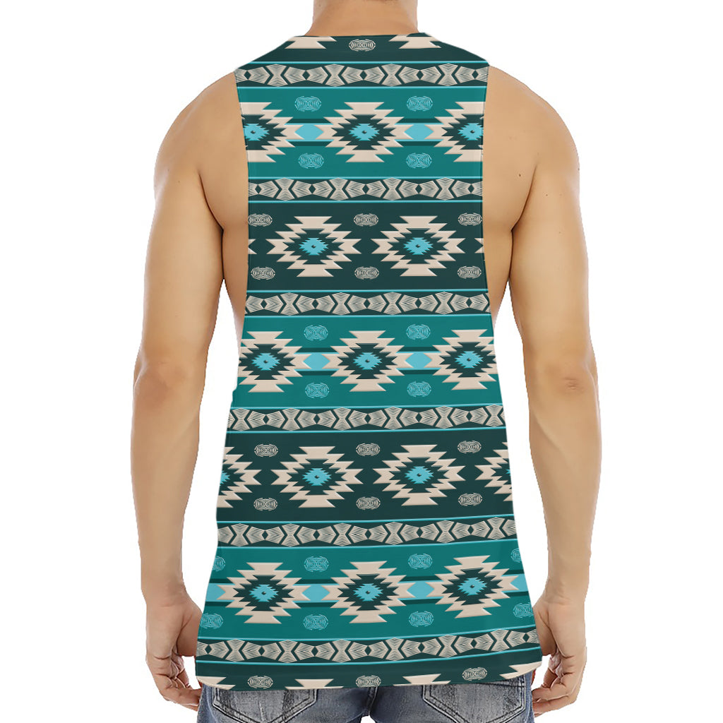 Teal Southwestern Navajo Pattern Print Men's Muscle Tank Top