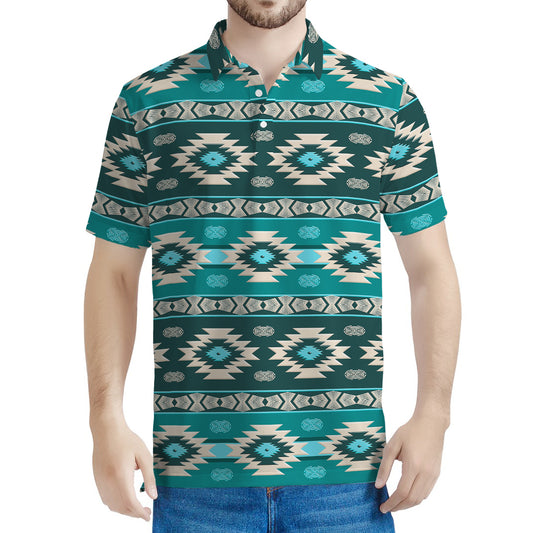Teal Southwestern Navajo Pattern Print Men's Polo Shirt