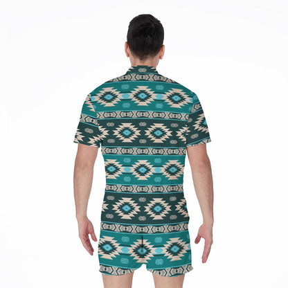 Teal Southwestern Navajo Pattern Print Men's Rompers