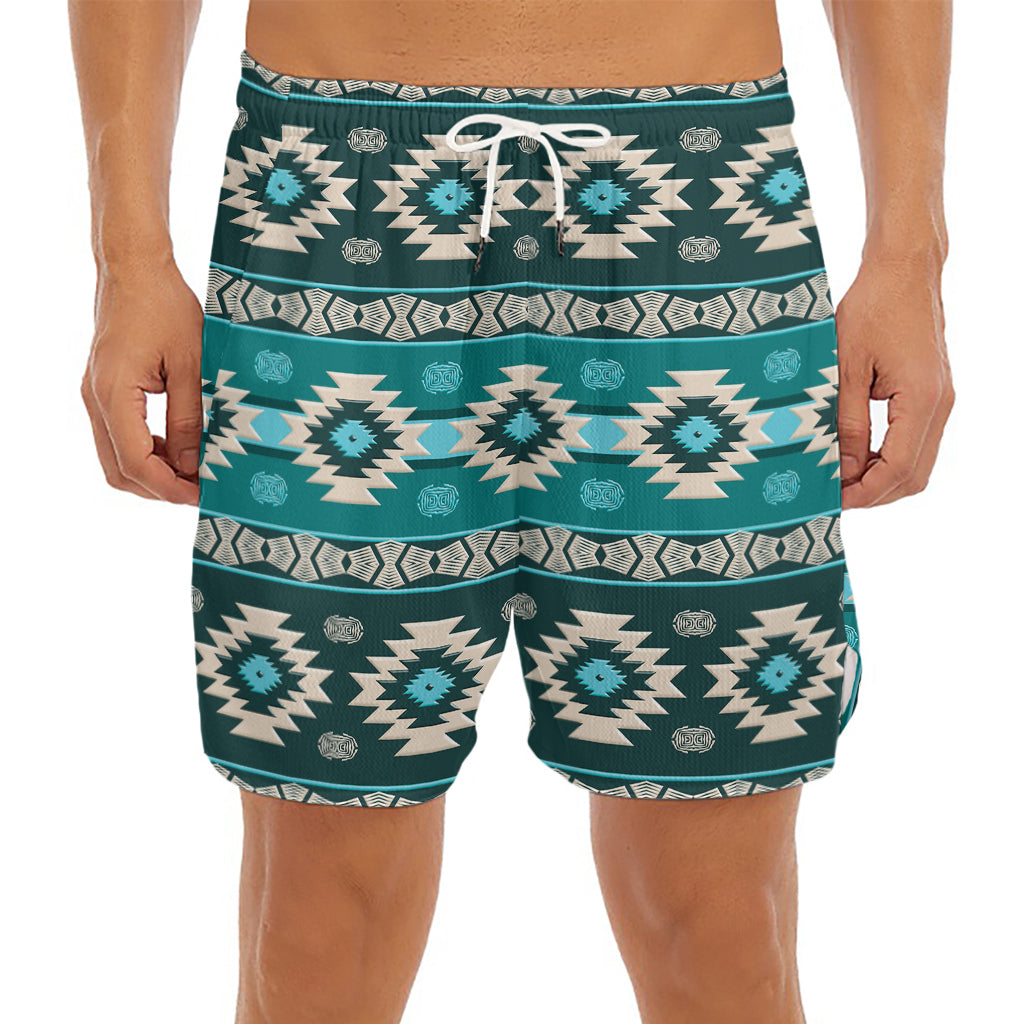 Teal Southwestern Navajo Pattern Print Men's Split Running Shorts