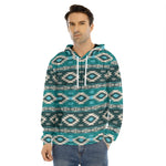 Teal Southwestern Navajo Pattern Print Men's Velvet Pullover Hoodie