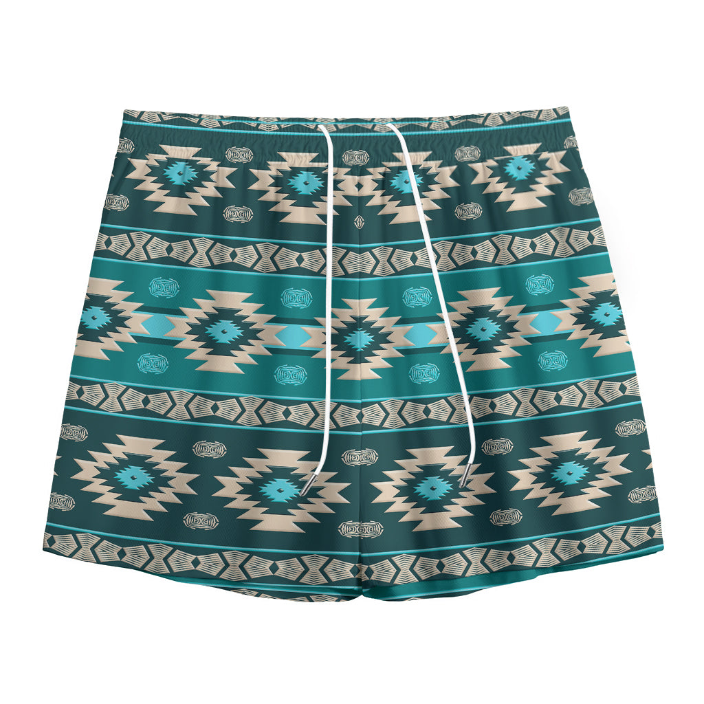 Teal Southwestern Navajo Pattern Print Mesh Shorts