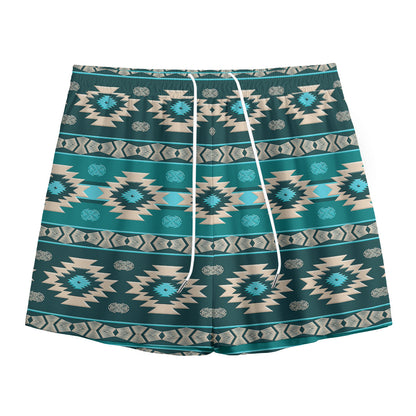 Teal Southwestern Navajo Pattern Print Mesh Shorts