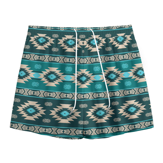 Teal Southwestern Navajo Pattern Print Mesh Shorts