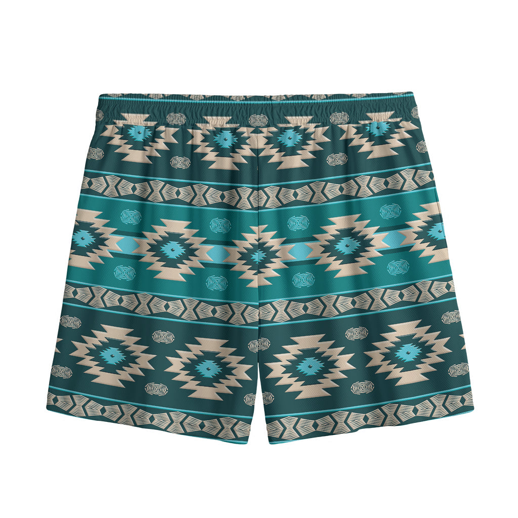 Teal Southwestern Navajo Pattern Print Mesh Shorts