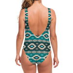 Teal Southwestern Navajo Pattern Print One Piece Swimsuit
