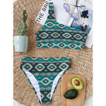 Teal Southwestern Navajo Pattern Print One Shoulder Bikini Top