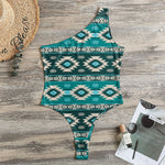 Teal Southwestern Navajo Pattern Print One Shoulder Bodysuit