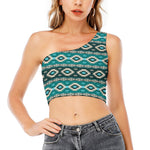 Teal Southwestern Navajo Pattern Print One Shoulder Crop Top