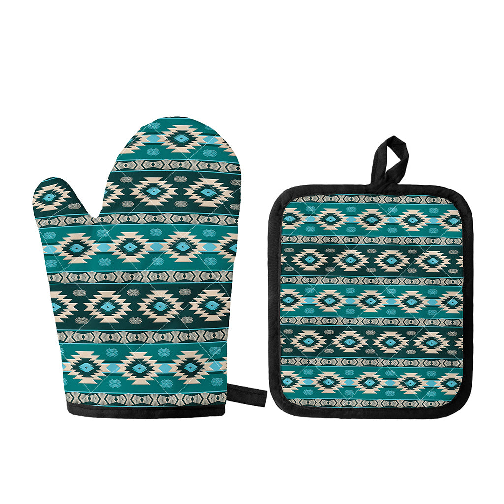 Teal Southwestern Navajo Pattern Print Oven Mitt And Pot Holder Set