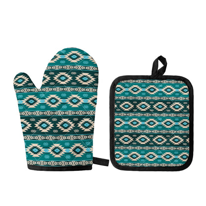 Teal Southwestern Navajo Pattern Print Oven Mitt And Pot Holder Set