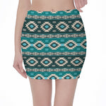 Teal Southwestern Navajo Pattern Print Pencil Mini Skirt