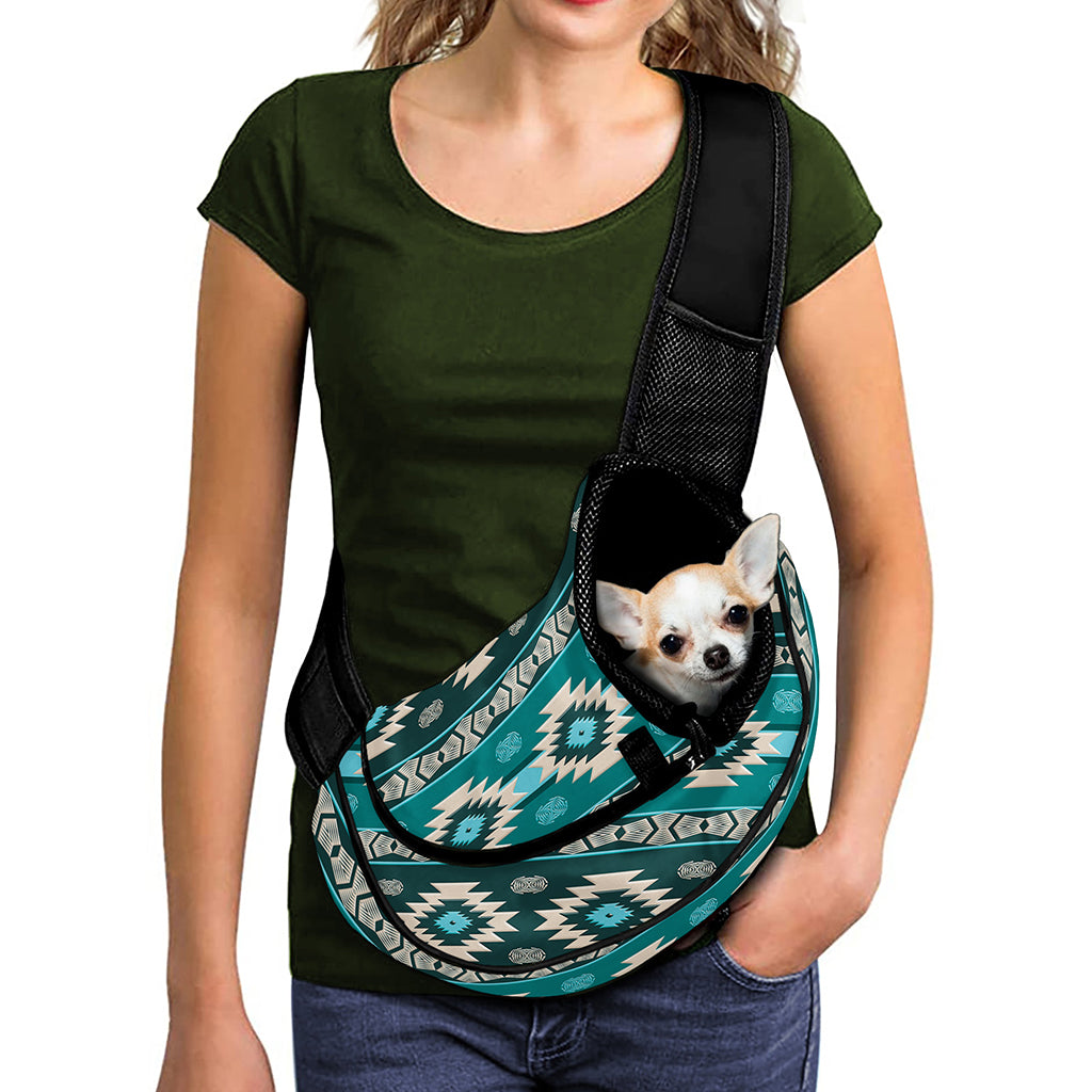 Teal Southwestern Navajo Pattern Print Pet Sling Carrier