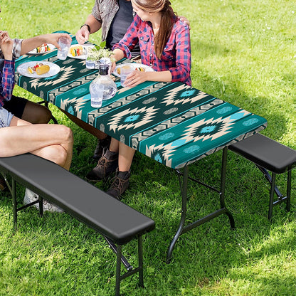Teal Southwestern Navajo Pattern Print Picnic Table Cover