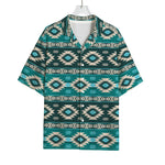 Teal Southwestern Navajo Pattern Print Rayon Hawaiian Shirt