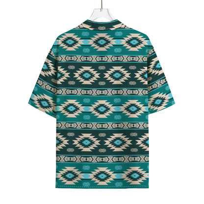 Teal Southwestern Navajo Pattern Print Rayon Hawaiian Shirt