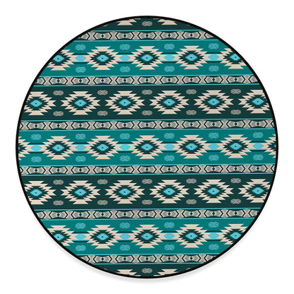 Teal Southwestern Navajo Pattern Print Round Floor Mat