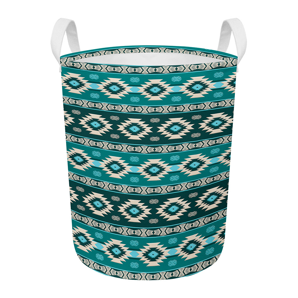 Teal Southwestern Navajo Pattern Print Round Laundry Basket