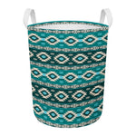 Teal Southwestern Navajo Pattern Print Round Laundry Basket