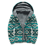 Teal Southwestern Navajo Pattern Print Sherpa Lined Zip Up Hoodie