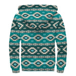 Teal Southwestern Navajo Pattern Print Sherpa Lined Zip Up Hoodie