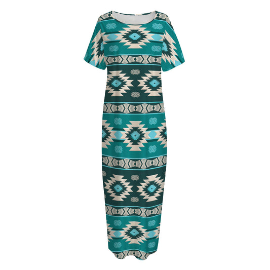 Teal Southwestern Navajo Pattern Print Short Sleeve Long Nightdress