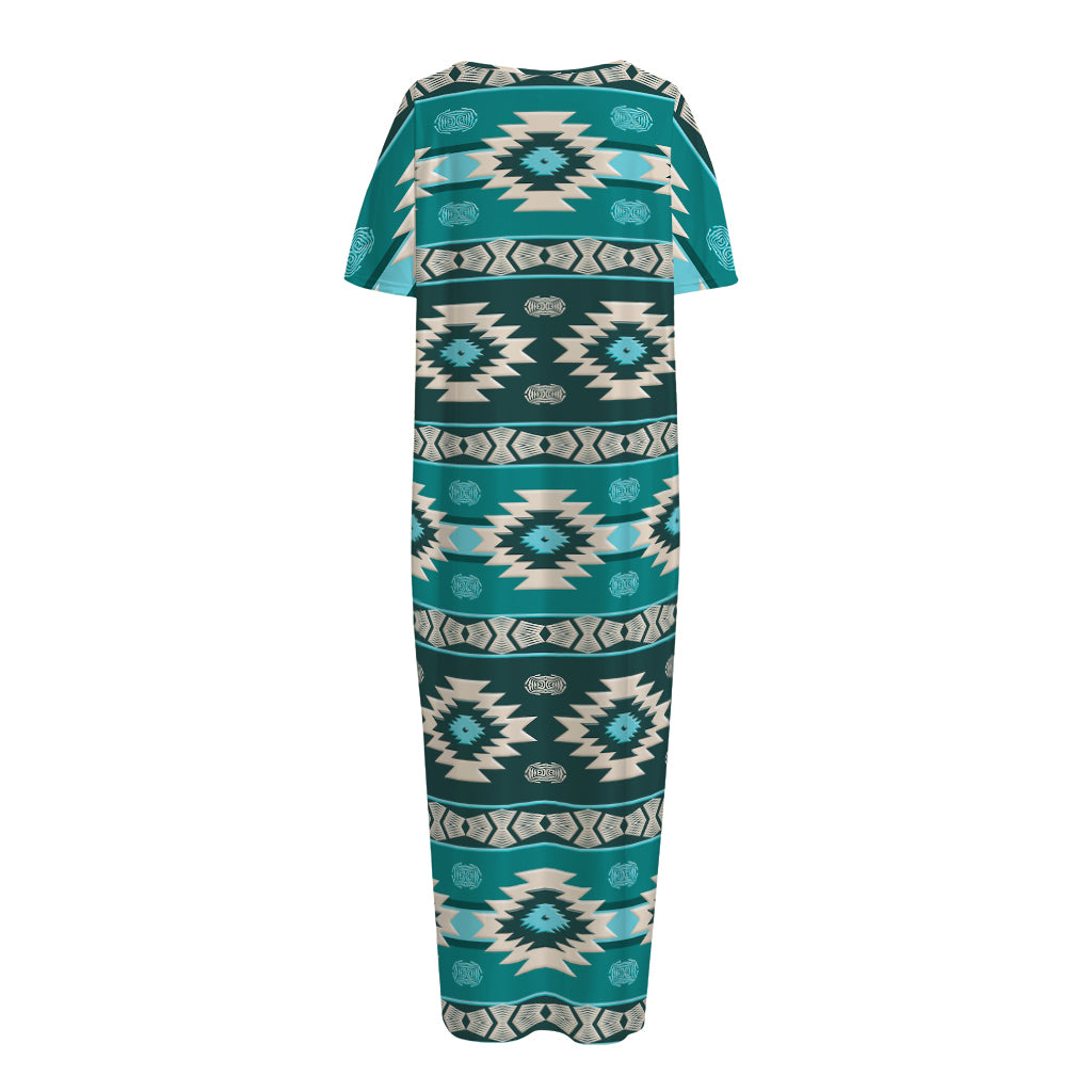 Teal Southwestern Navajo Pattern Print Short Sleeve Long Nightdress