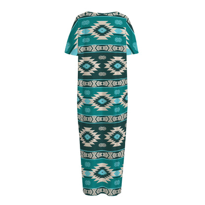 Teal Southwestern Navajo Pattern Print Short Sleeve Long Nightdress