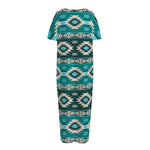 Teal Southwestern Navajo Pattern Print Short Sleeve Long Nightdress