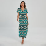 Teal Southwestern Navajo Pattern Print Short Sleeve Maxi Dress