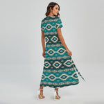 Teal Southwestern Navajo Pattern Print Short Sleeve Maxi Dress