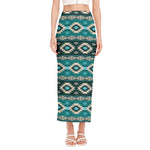 Teal Southwestern Navajo Pattern Print Side Slit Maxi Skirt