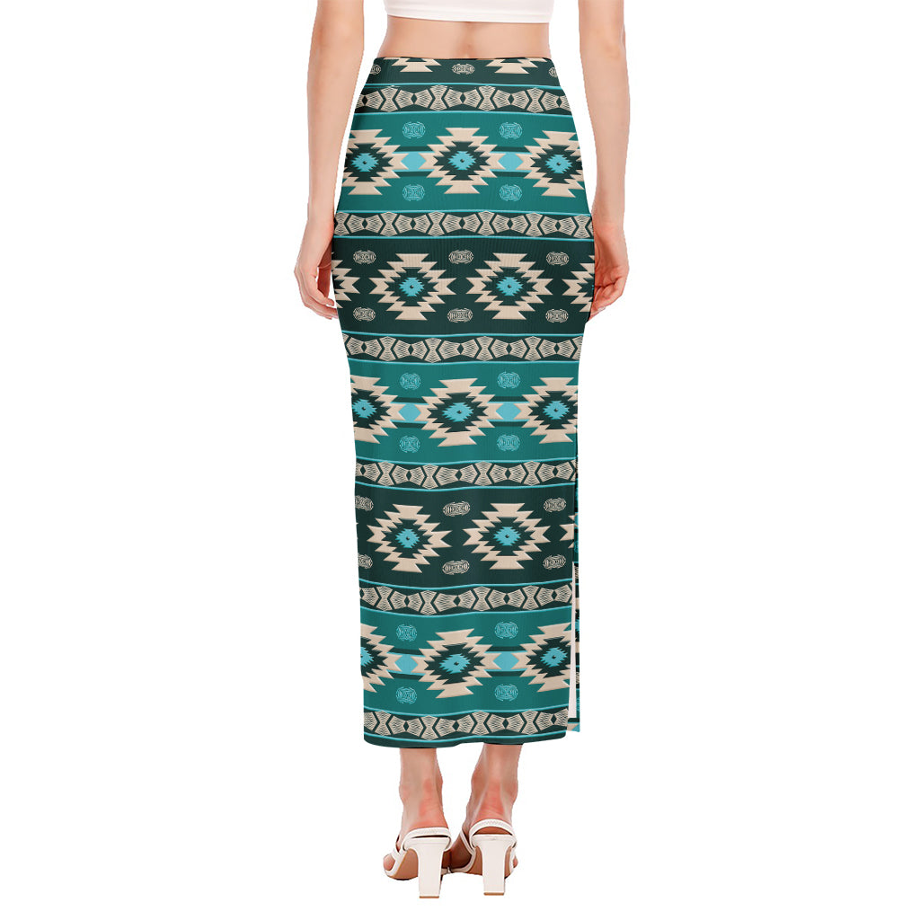 Teal Southwestern Navajo Pattern Print Side Slit Maxi Skirt