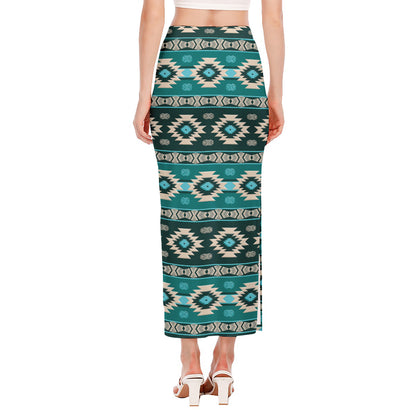 Teal Southwestern Navajo Pattern Print Side Slit Maxi Skirt