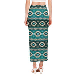 Teal Southwestern Navajo Pattern Print Side Slit Maxi Skirt
