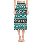 Teal Southwestern Navajo Pattern Print Side Slit Midi Skirt