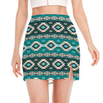 Teal Southwestern Navajo Pattern Print Side Slit Mini Skirt