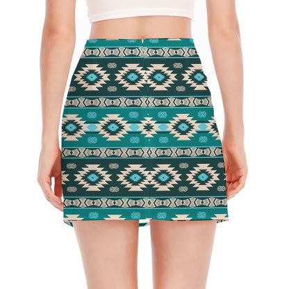 Teal Southwestern Navajo Pattern Print Side Slit Mini Skirt