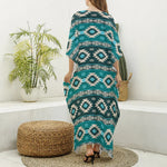 Teal Southwestern Navajo Pattern Print Silk V-Neck Kaftan Dress