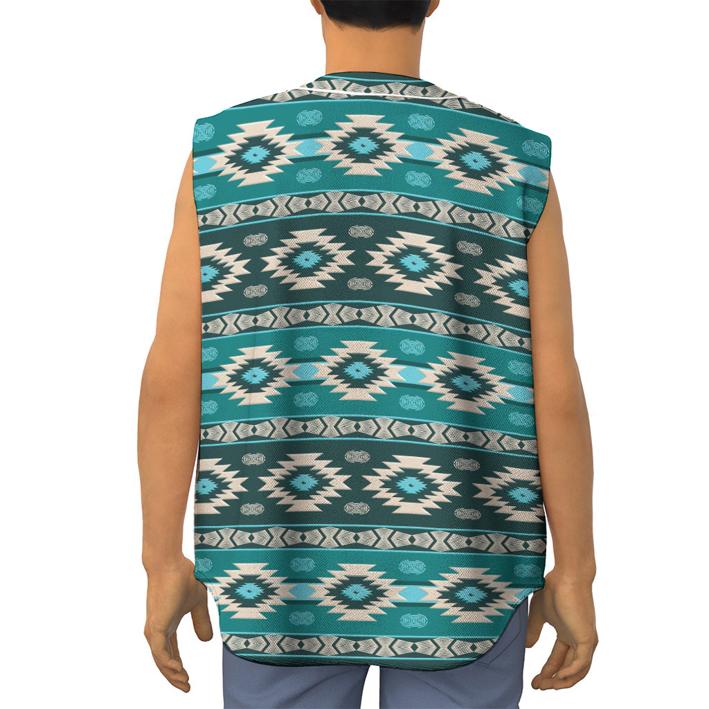 Teal Southwestern Navajo Pattern Print Sleeveless Baseball Jersey